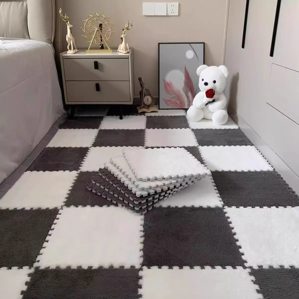 10Pcs 30*30CM Creative Plush Puzzle Foam Floor Mat Puzzle Carpet Warm Playmat Interlocking Exercise Tiles Fluffy Area Rugs