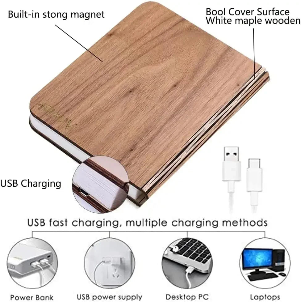 3D Folding Book Light LED Night Light 3-Color USB Charging Portable Wooden Magnetic Table Lamp Decoration Christmas Holiday Gift