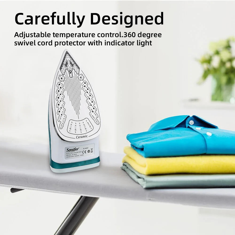 Sonifer Steam Iron 1600W Fast Heating 160ml Water Tank Travel Iron Upright Steam Adjustable Steam Self-Cleaning Ceramic Soleplat