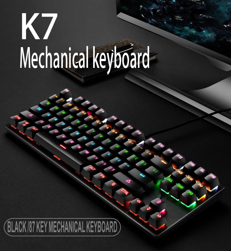 K7 Office Computer Mechanical Wired Keyboard ABS Keycaps 87 Key Game Gaming Gaming Luminous Keyboard Gaming
