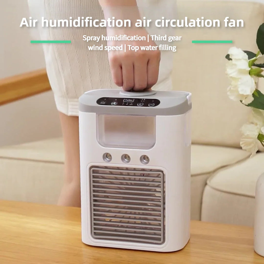 New mini portable three spray household humidifier fan, USB spray fan, LED night light, air cooler, desktop air cooler
