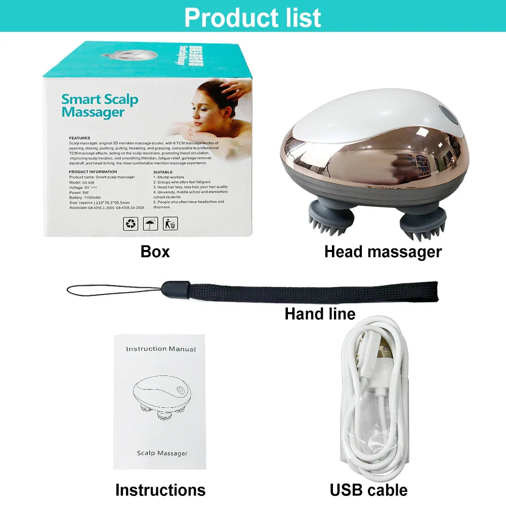 Electric Scalp Massager Heads Scalp Kneading Vibrating Device 6 Modes for Hair Growth Stress Relax Waterproof Massageador