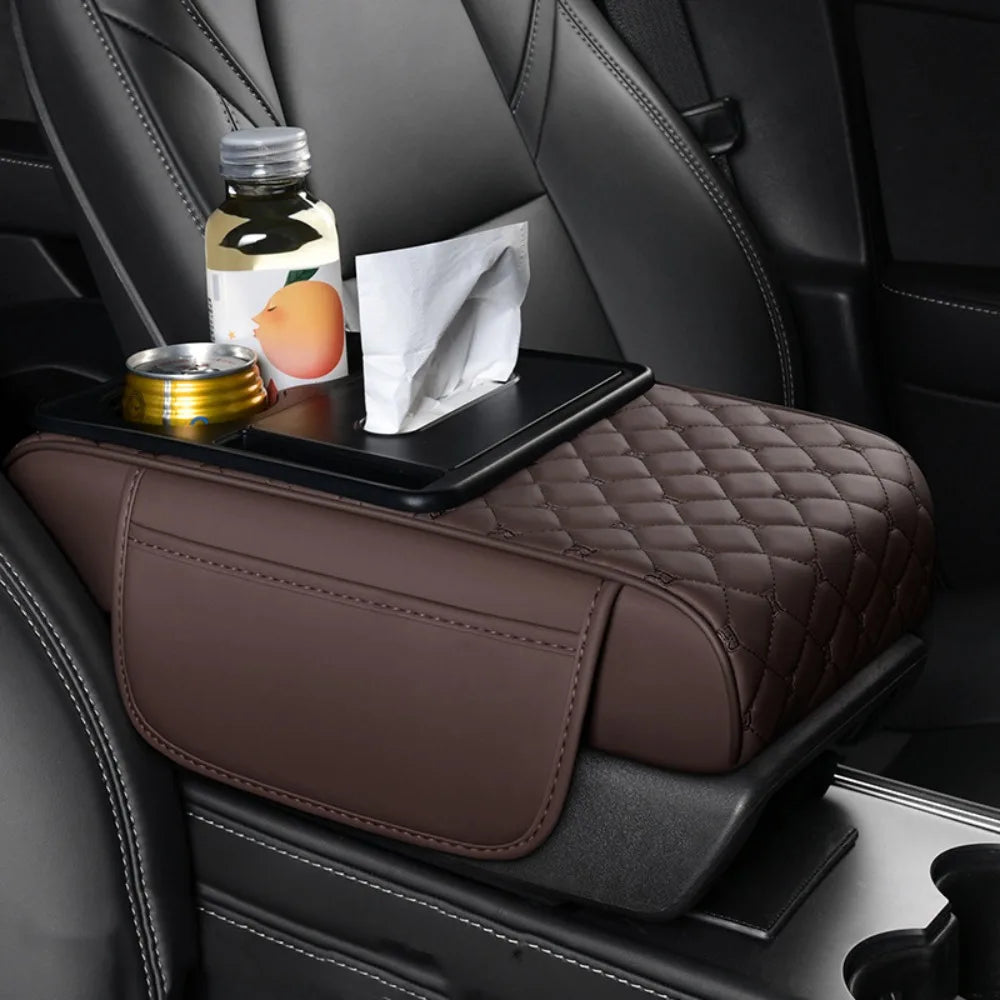 Portable Center Console Armrest Cushion PU Leather Multifunctional Armrest Pad Height Increasing with Cup Holder Tissue Box