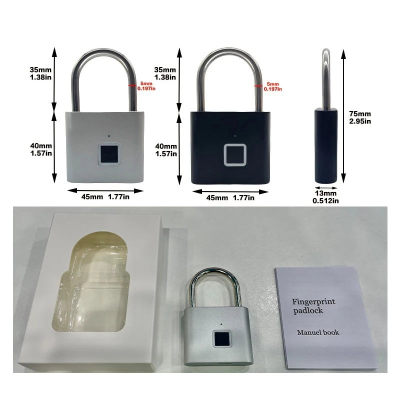 CDOK P2 Smart Fingerprint Padlock Waterproof Zinc Alloy Biometric Padlocks With Buit-in Rechargeable Battery USB Charge