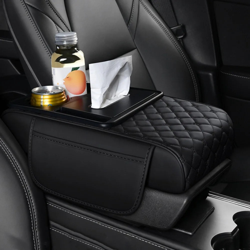 Portable Center Console Armrest Cushion PU Leather Multifunctional Armrest Pad Height Increasing with Cup Holder Tissue Box