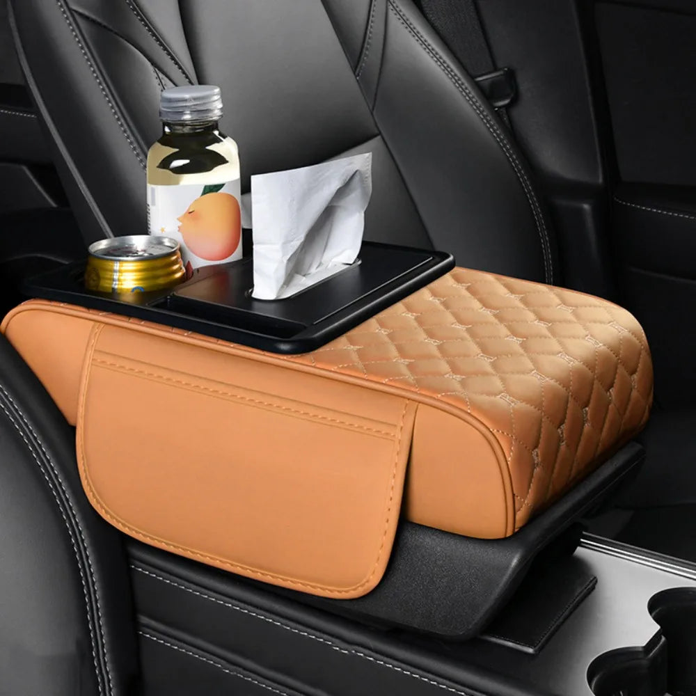 Portable Center Console Armrest Cushion PU Leather Multifunctional Armrest Pad Height Increasing with Cup Holder Tissue Box