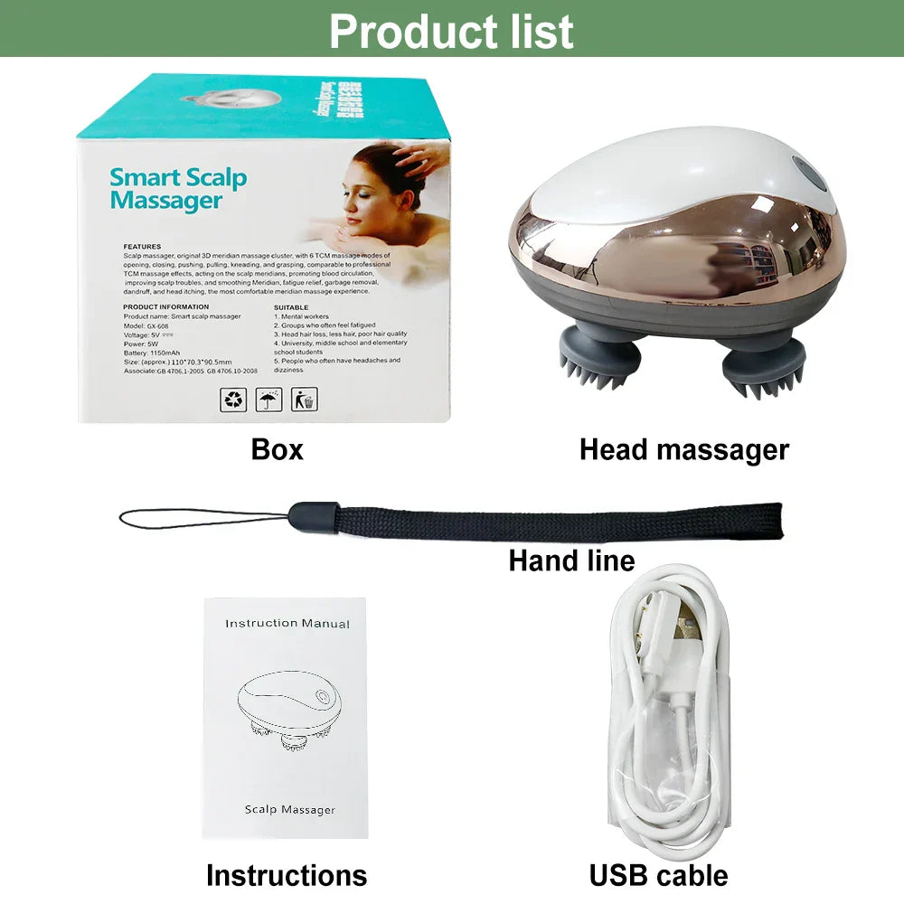 Electric Scalp Massager Heads Scalp Kneading Vibrating Device 6 Modes for Hair Growth Stress Relax Waterproof Massageador